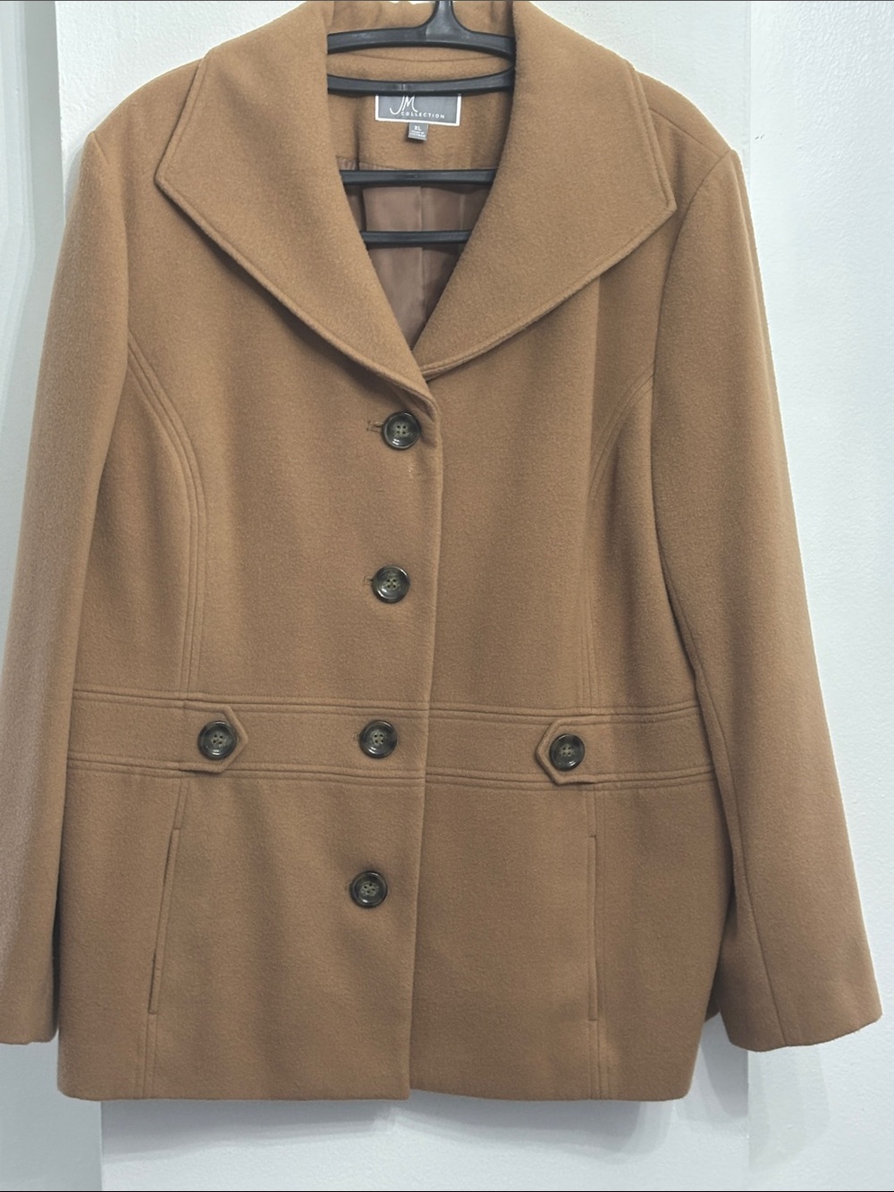 JM Collection Camel-tone Peacoat with Brown Button Detail Size XL Fully Lined